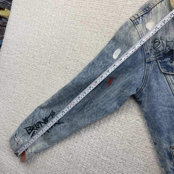 Y2K Zara Denim Punk Emo Goth Graffiti Jacket Sherpa Lined Distressed Men Size S - Picture 10 of 16